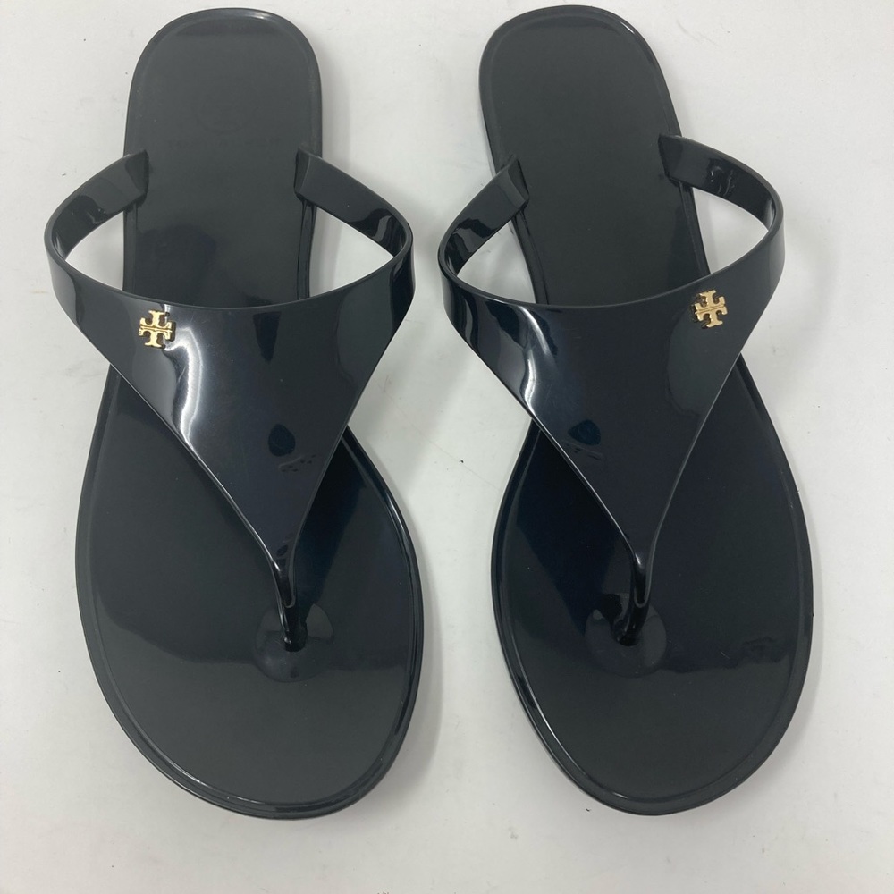 Tory Burch Black Jelly Thong Sandals with Gold Logo - Picture 1 of 7